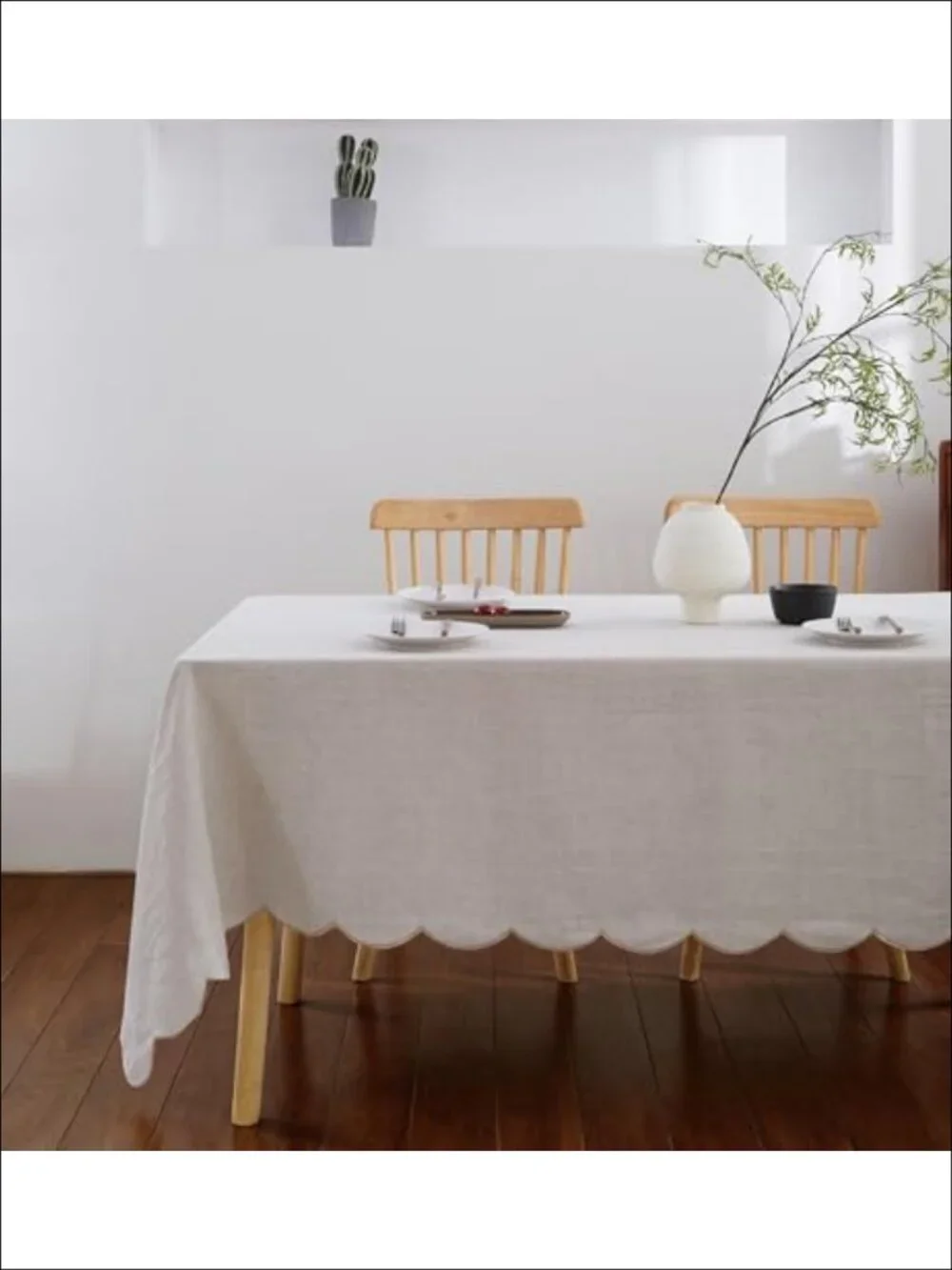 100% French Flax Linen Scalloped Embroidery Tablecloth 108x60 for Dining